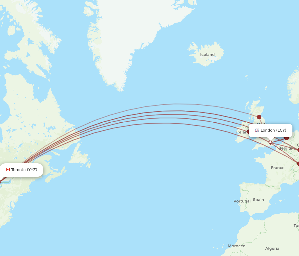 YYZ to LCY flights and routes map
