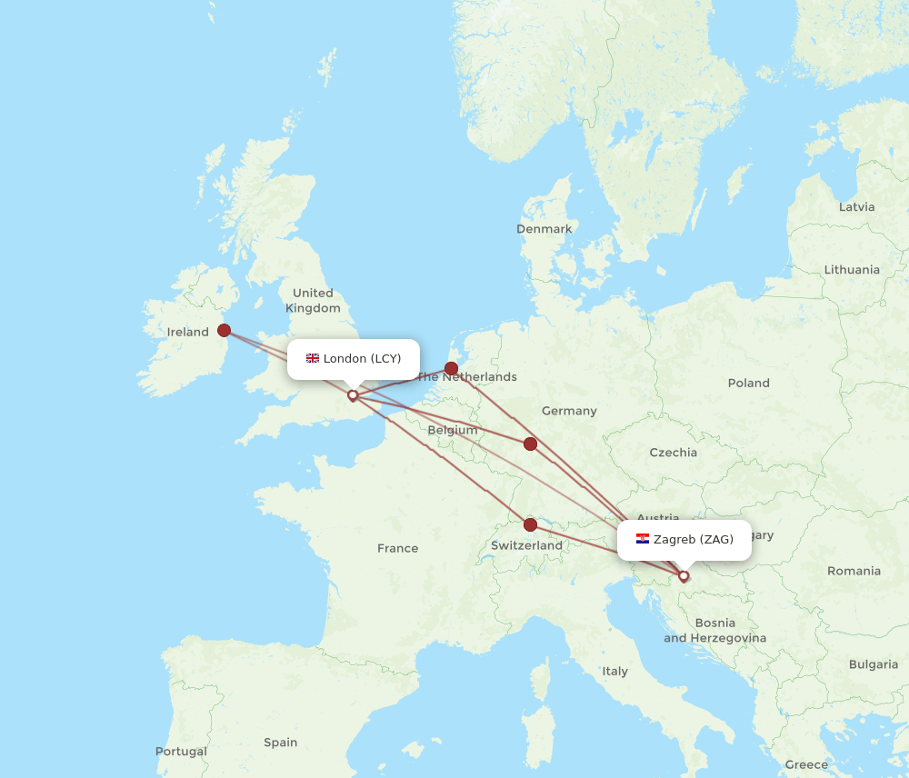Zagreb - London route map and flight paths