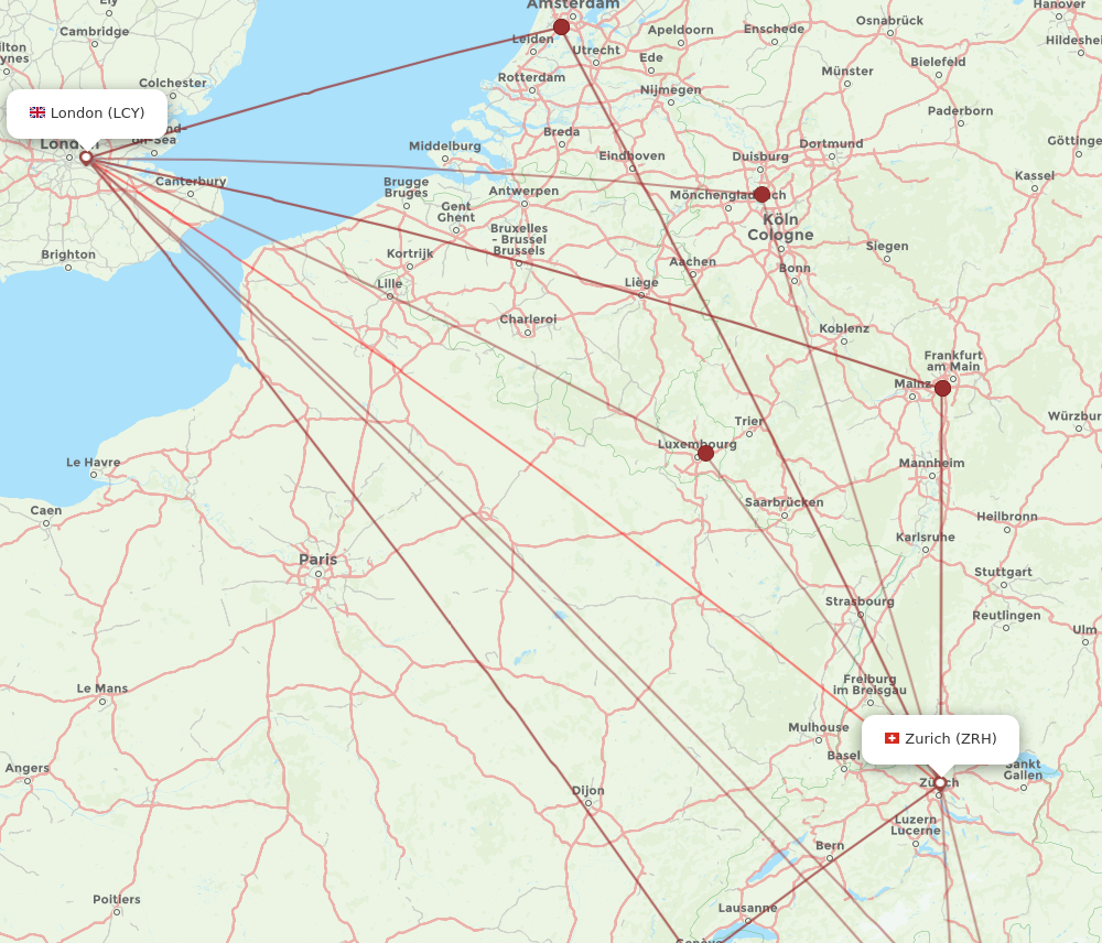 LCY to ZRH flights and routes map
