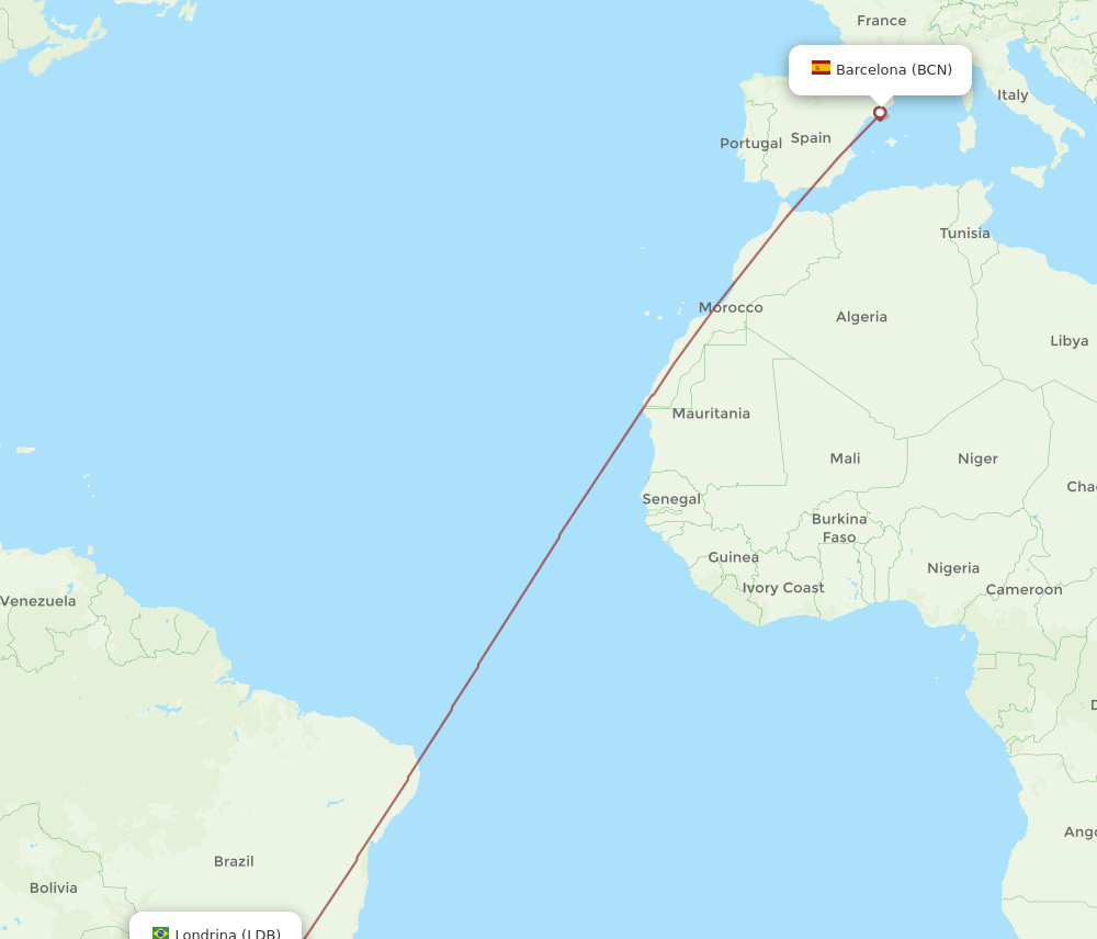 Barcelona - Londrina route map and flight paths