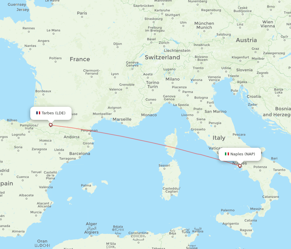 LDE to NAP flights and routes map