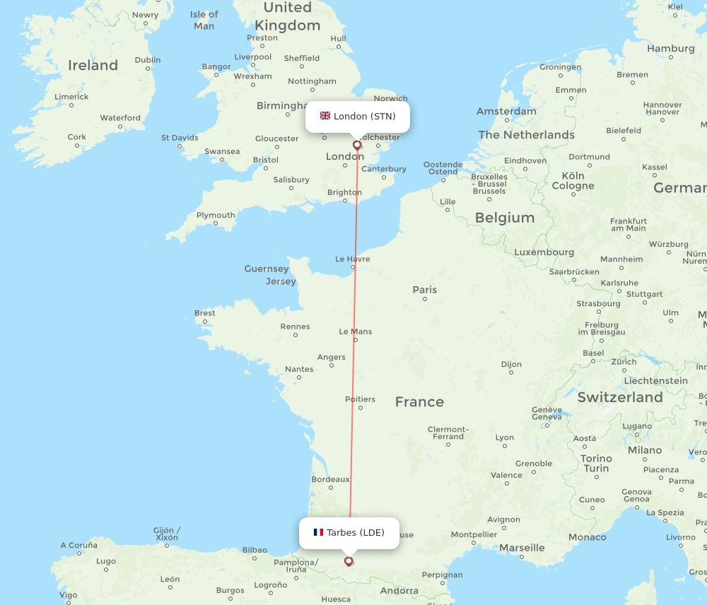 Lourdes - London route map and flight paths