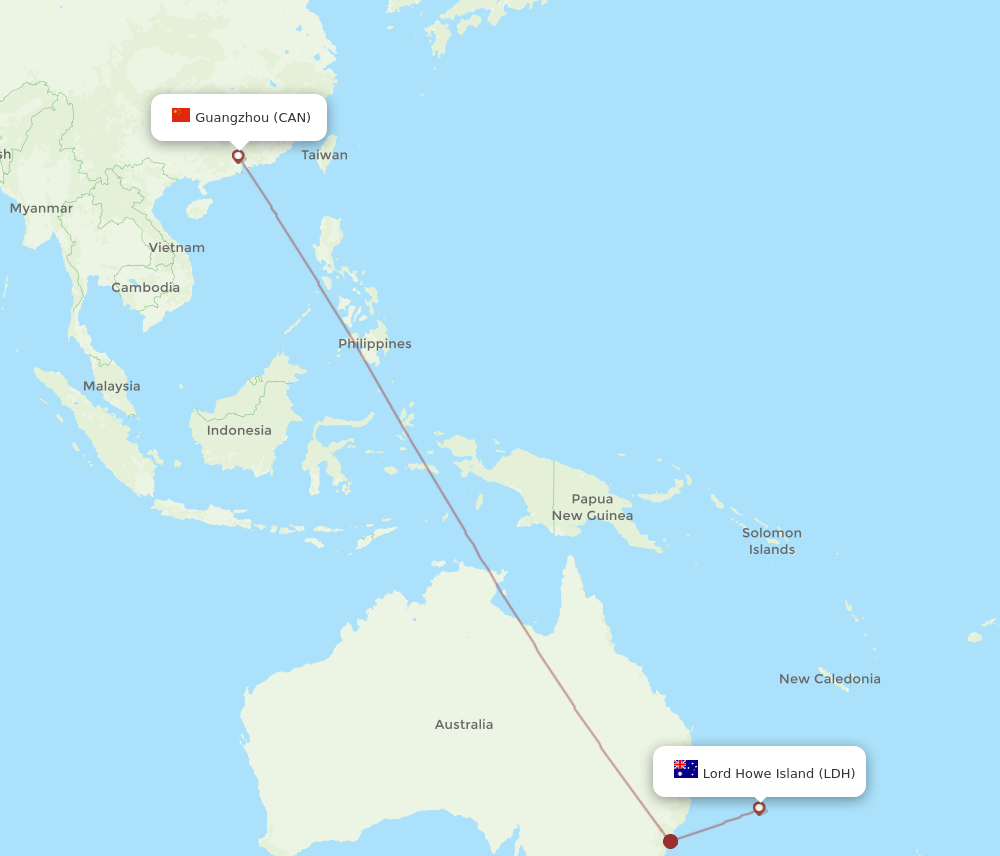 Guangzhou - Lord Howe Island route map and flight paths