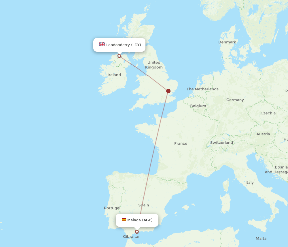 LDY to AGP flights and routes map