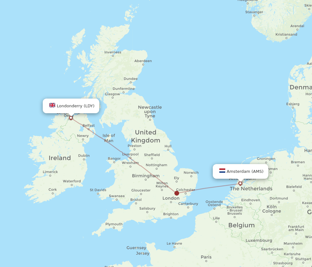 LDY to AMS flights and routes map