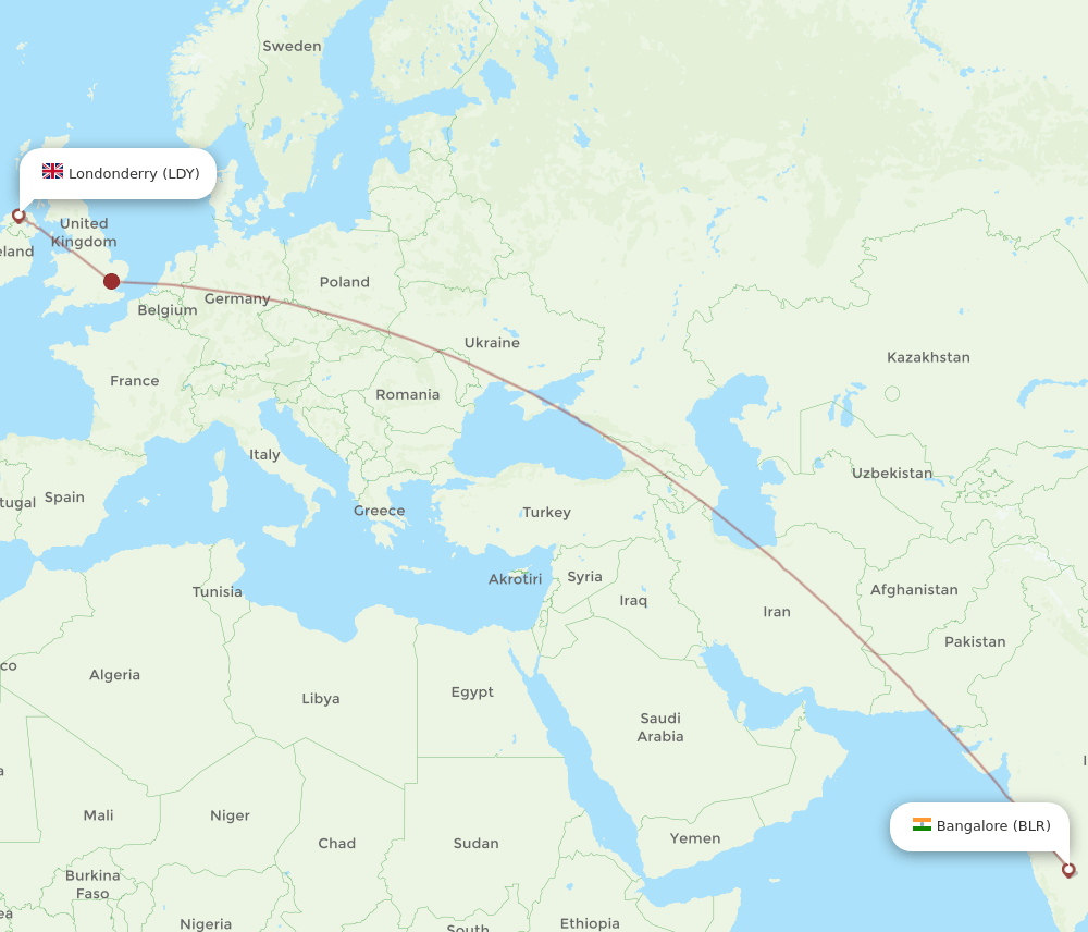 LDY to BLR flights and routes map