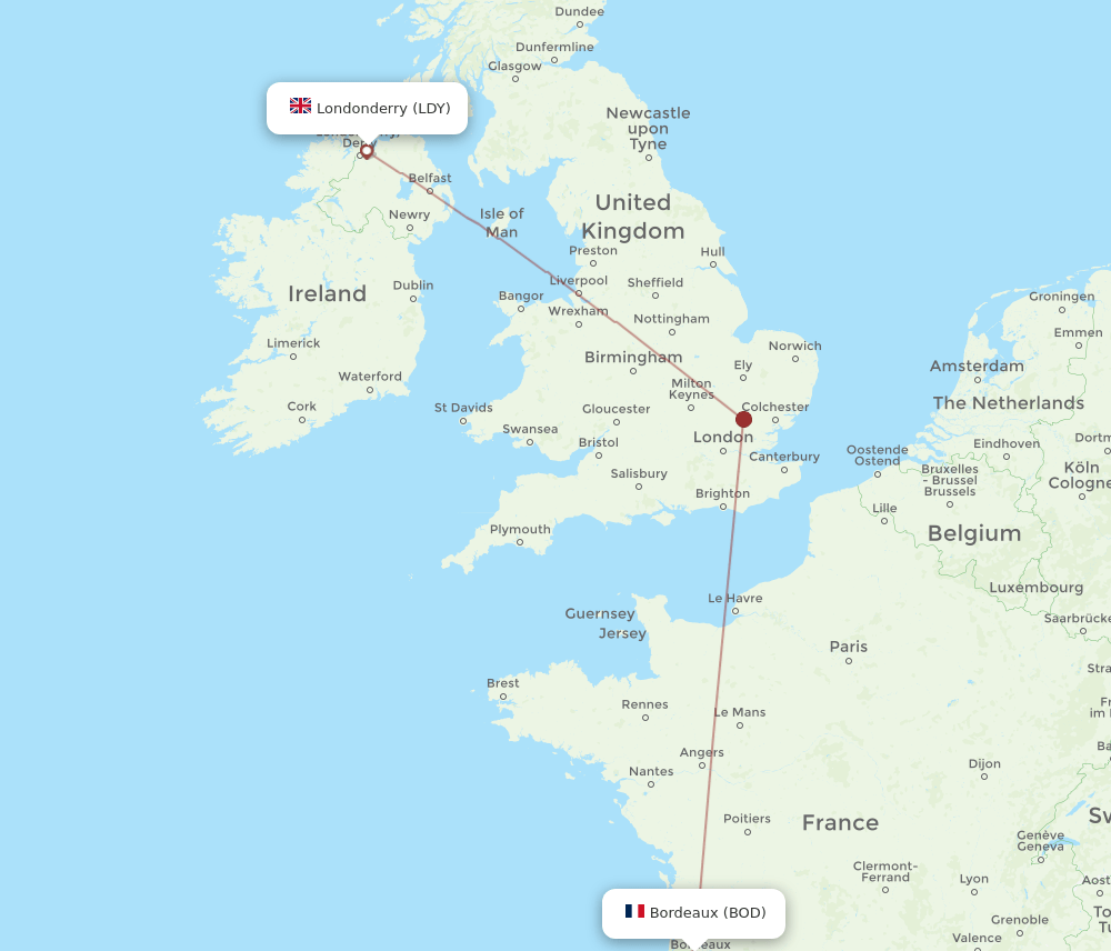 LDY to BOD flights and routes map