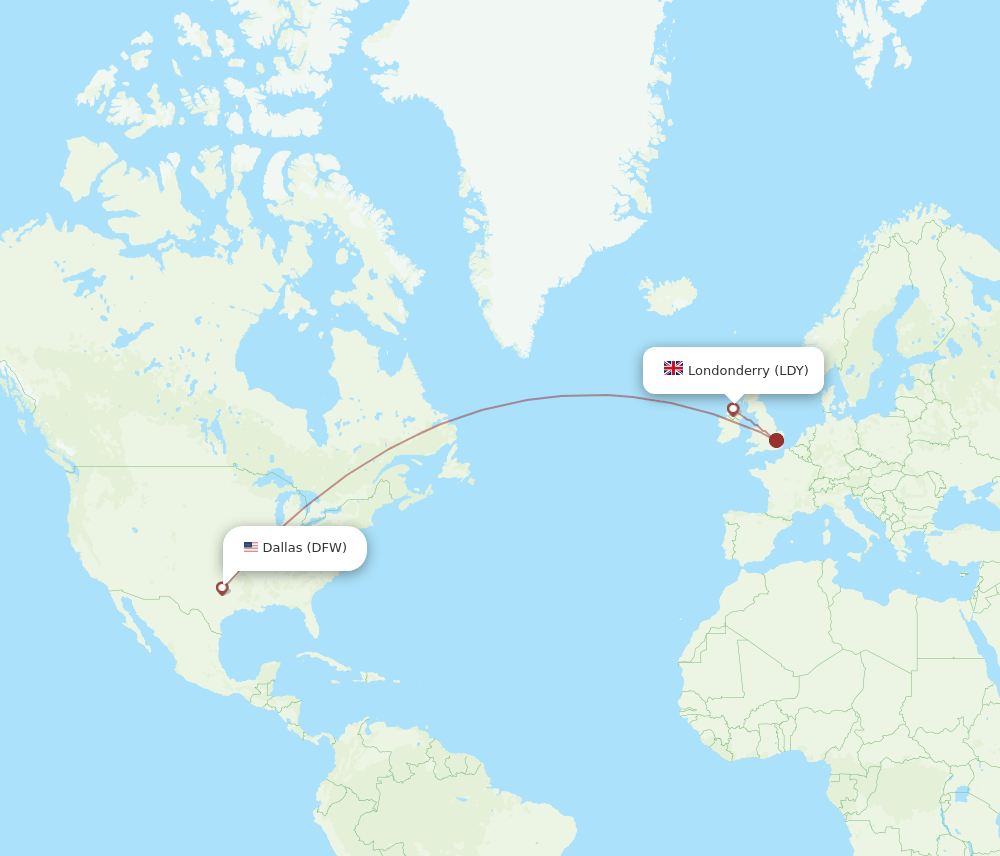 LDY to DFW flights and routes map