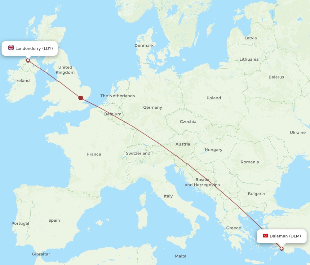 LDY to DLM flights and routes map