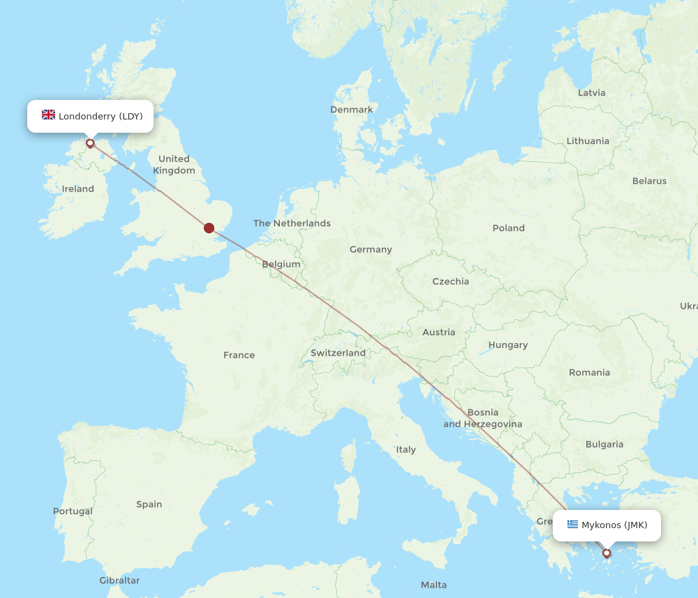 Mykonos - Derry route map and flight paths