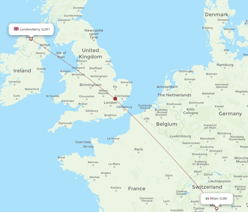 LDY to LIN flights and routes map