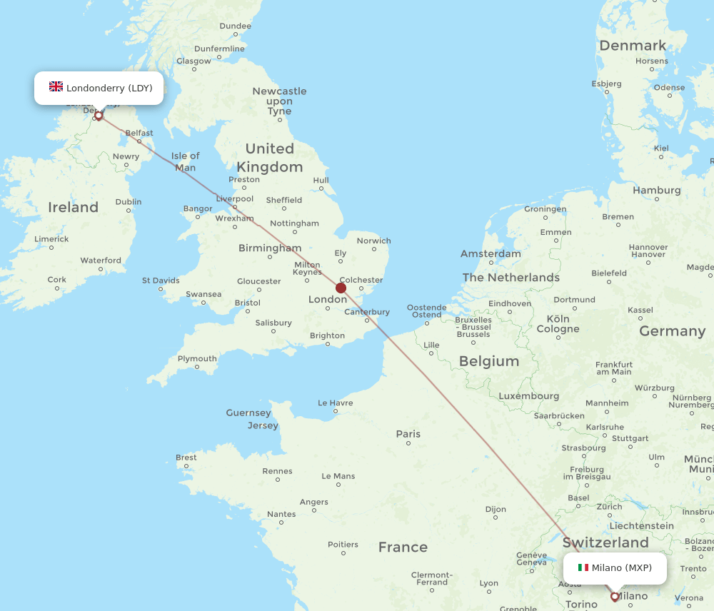 LDY to MXP flights and routes map