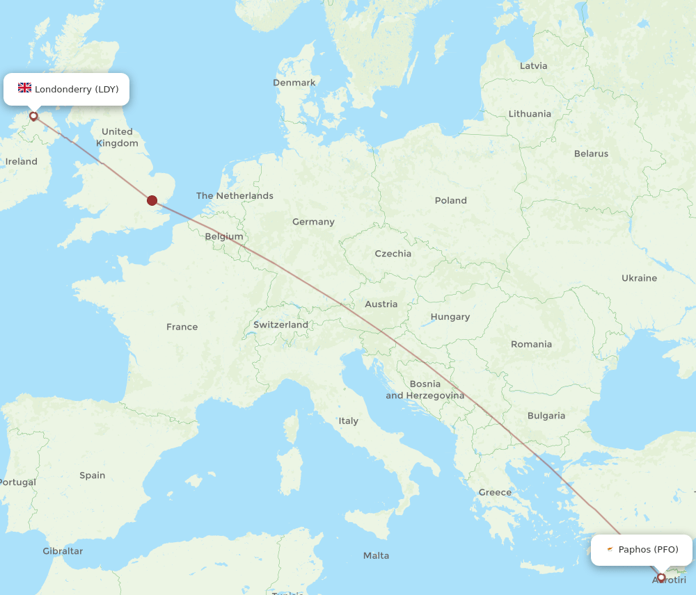 LDY to PFO flights and routes map