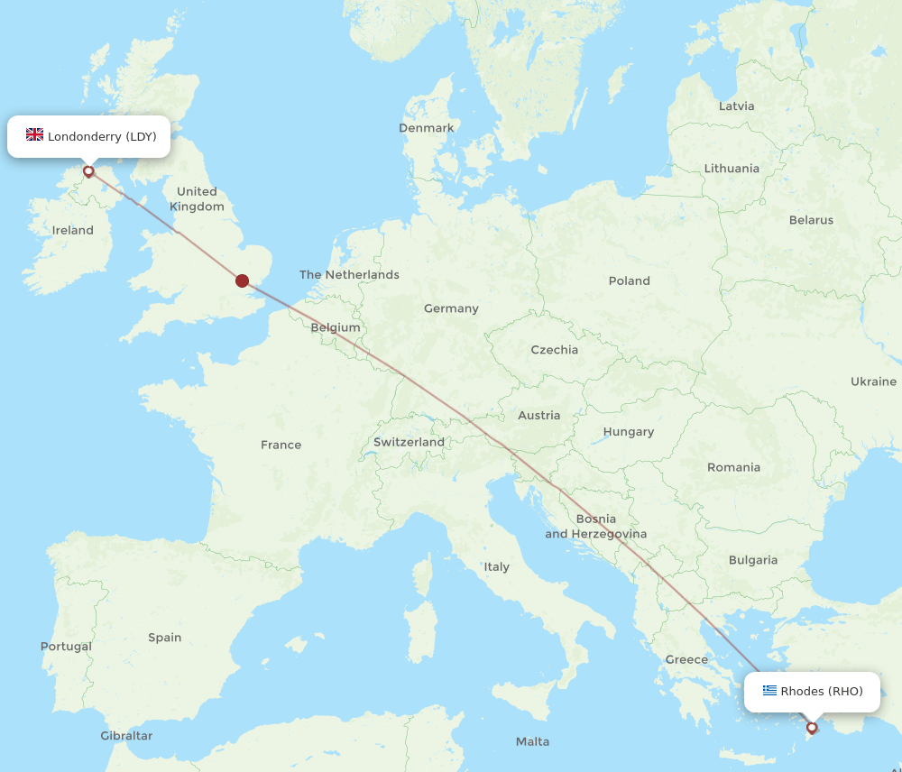 Rhodes - Derry route map and flight paths