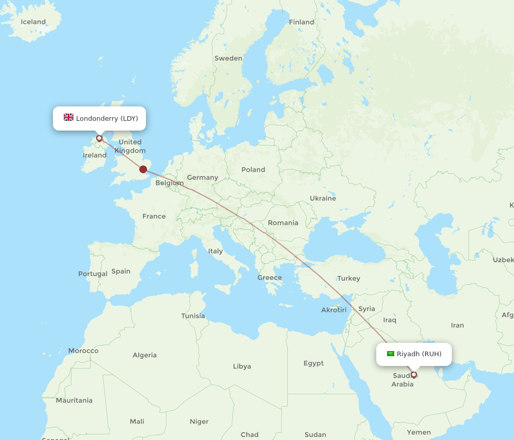 LDY-RUH flight routes