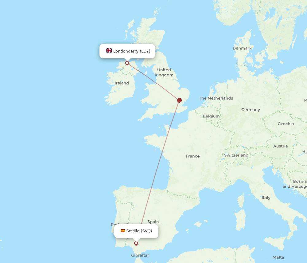 Sevilla - Derry route map and flight paths