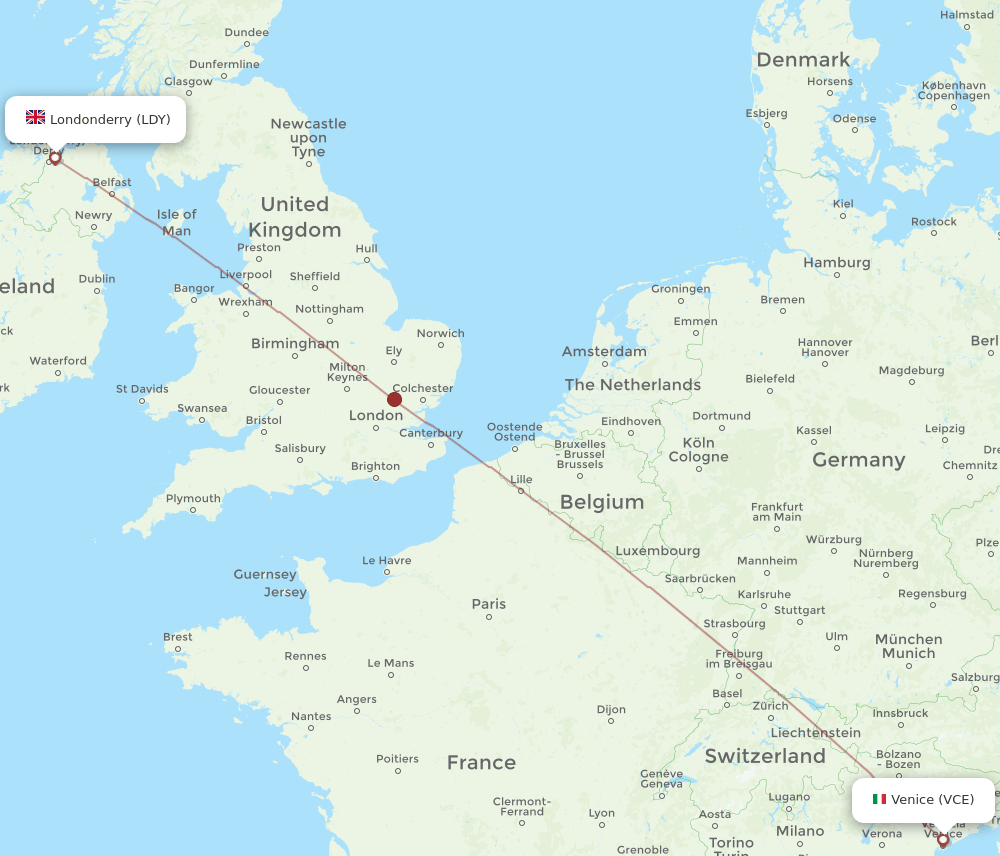 LDY to VCE flights and routes map