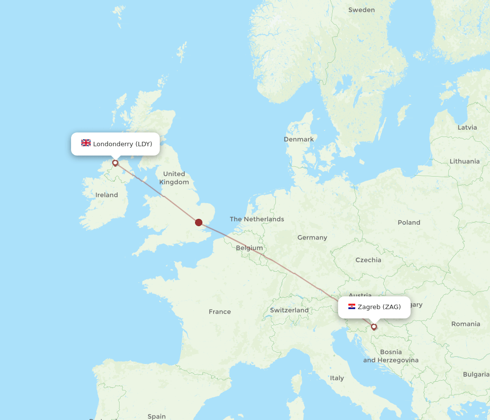 Zagreb - Derry route map and flight paths
