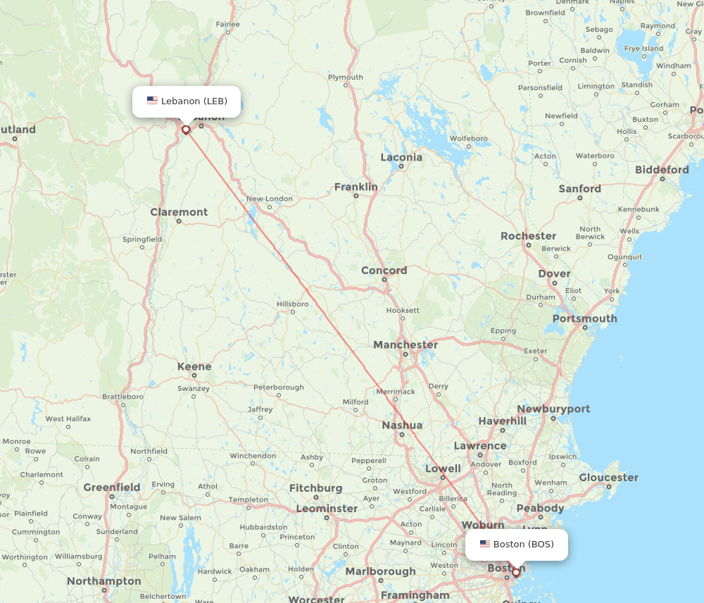 LEB to BOS flights and routes map