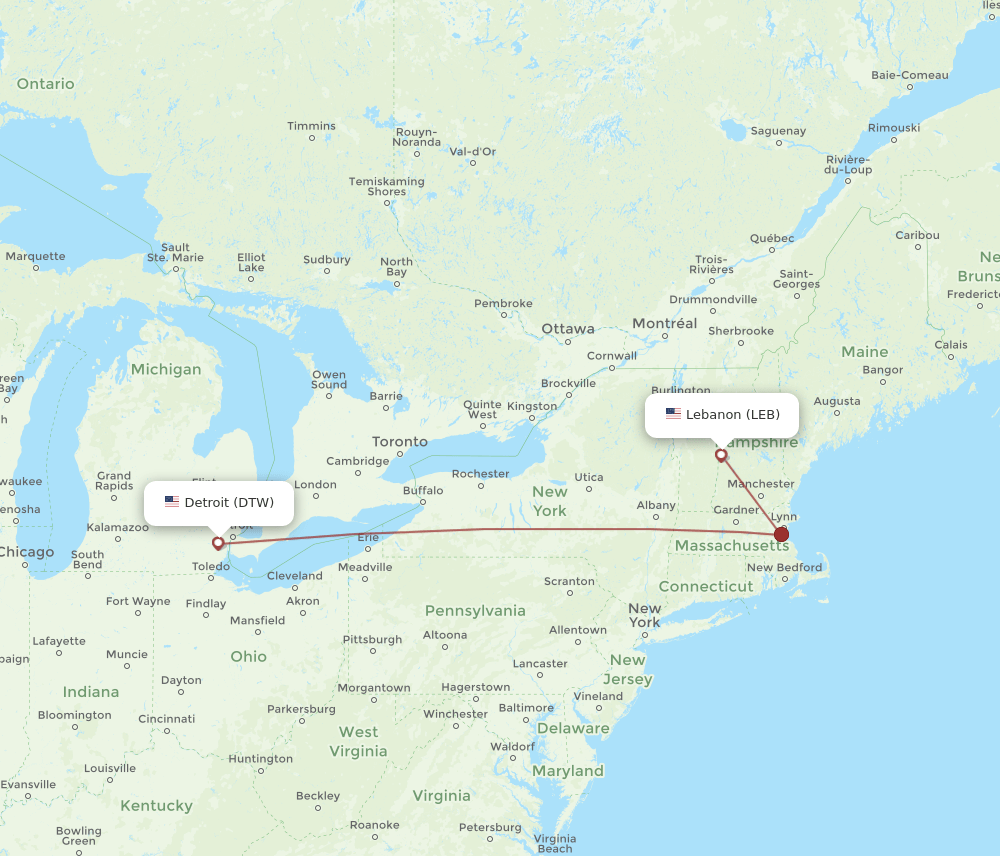 LEB-DTW flight routes