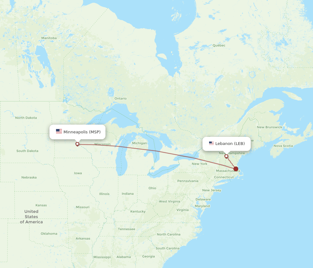 LEB to MSP flights and routes map