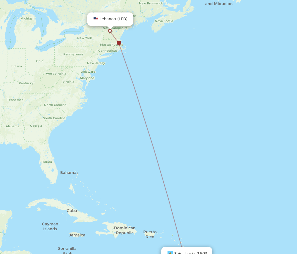 Lebanon - Saint Lucia route map and flight paths