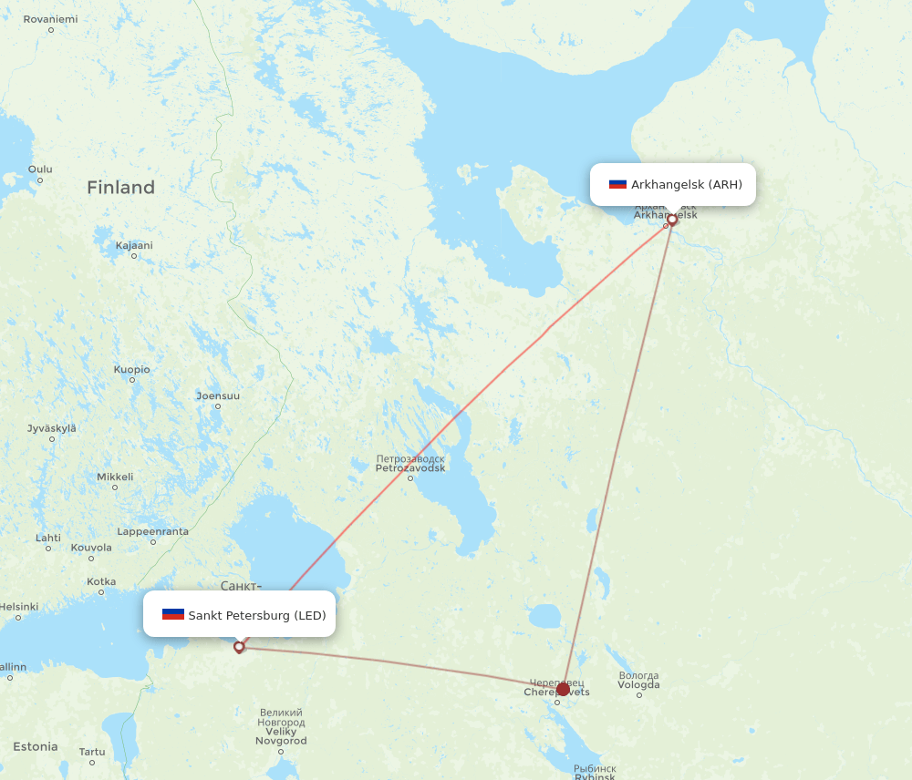 Saint Petersburg - Arkhangelsk route map and flight paths