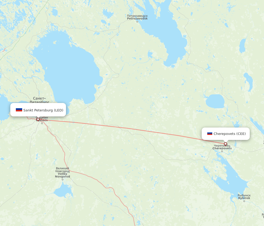 Saint Petersburg - Cherepovets route map and flight paths