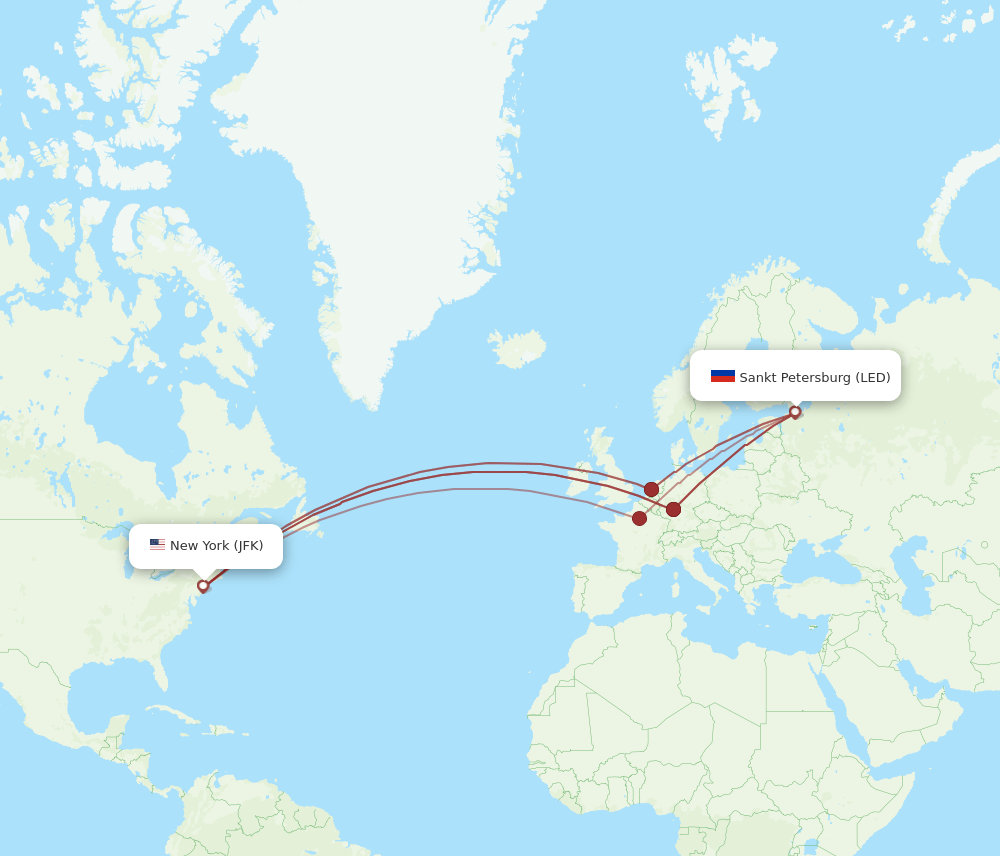 Saint Petersburg - New York route map and flight paths