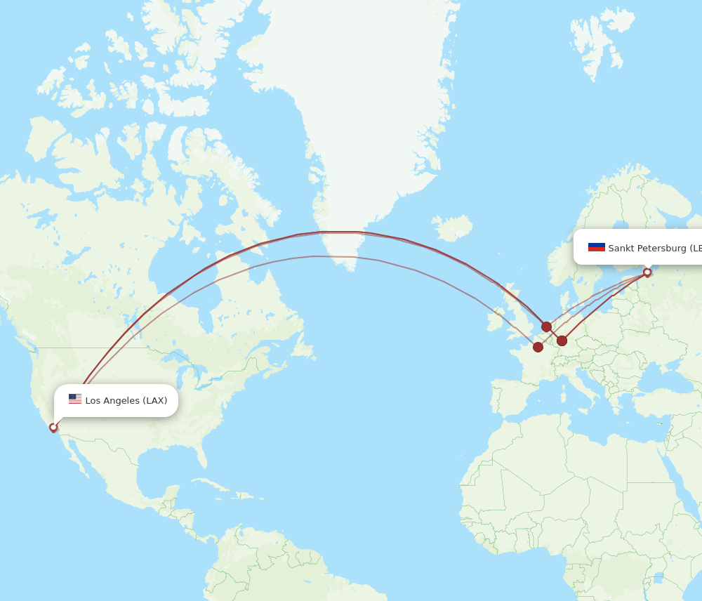 Saint Petersburg - Los Angeles route map and flight paths