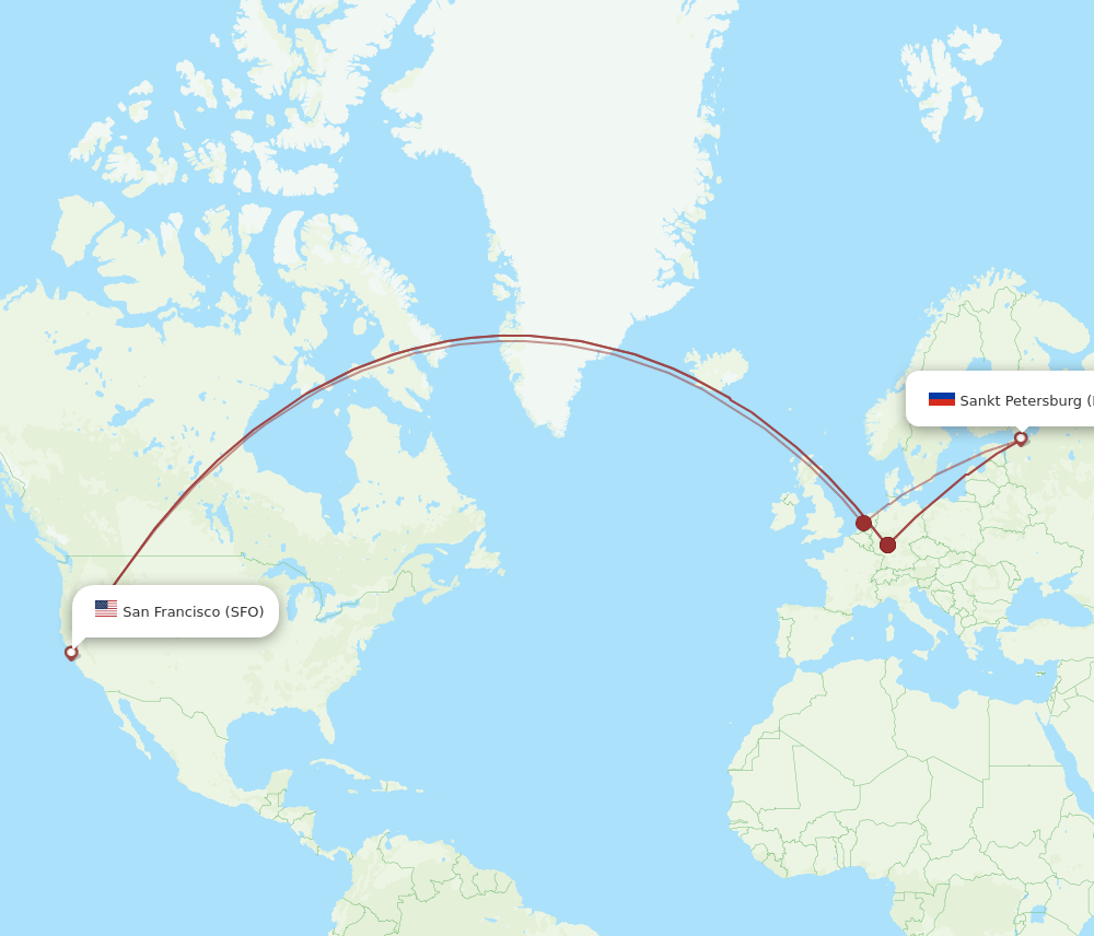 Saint Petersburg - San Francisco route map and flight paths