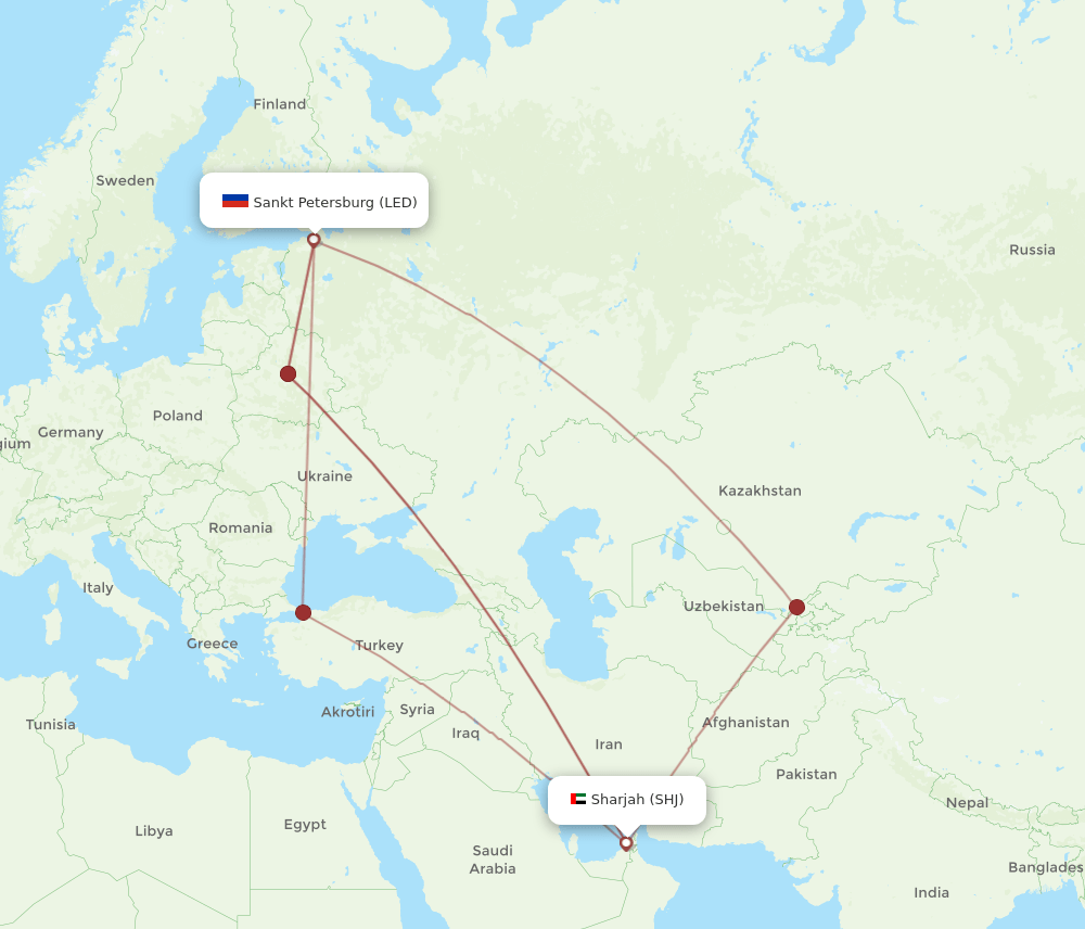 LED to SHJ flights and routes map