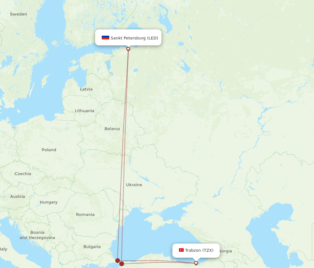 LED to TZX flights and routes map