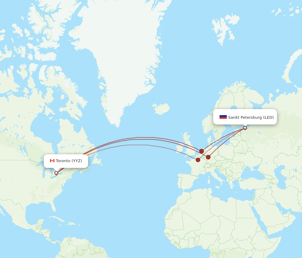Toronto - Saint Petersburg route map and flight paths