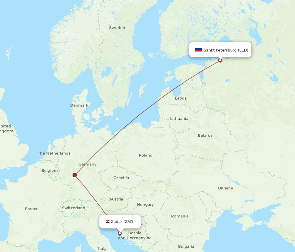 Zadar - Saint Petersburg route map and flight paths