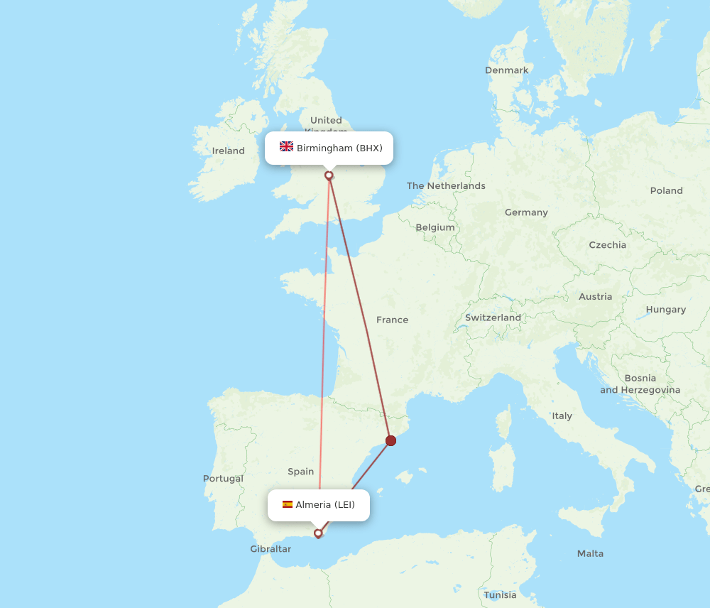Almeria - Birmingham route map and flight paths