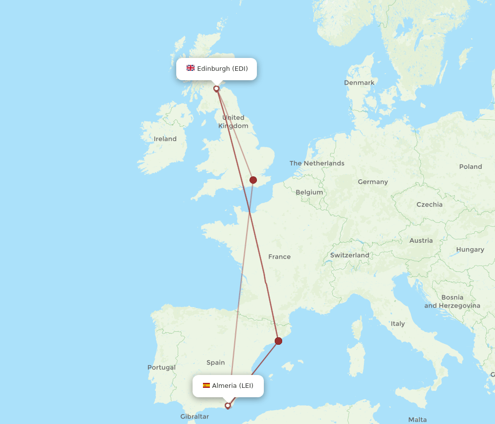 Edinburgh - Almeria route map and flight paths