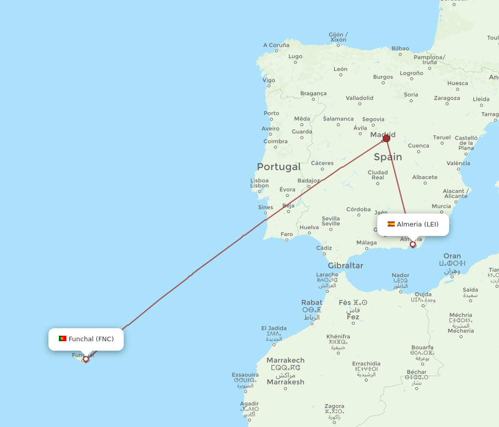 Funchal - Almeria route map and flight paths