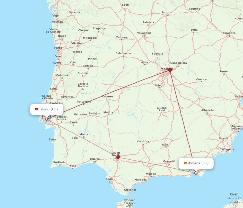 LEI to LIS flights and routes map