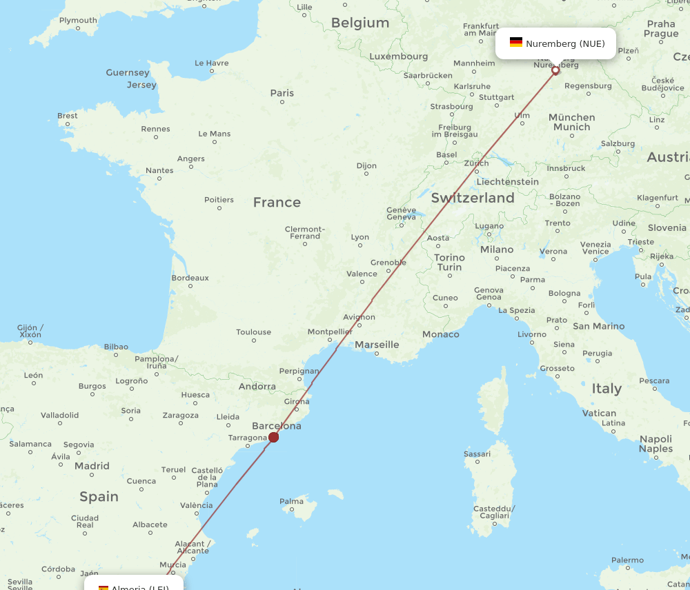 Nuremberg - Almeria route map and flight paths