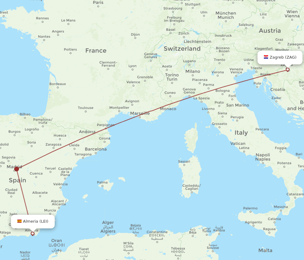 ZAG to LEI flights and routes map