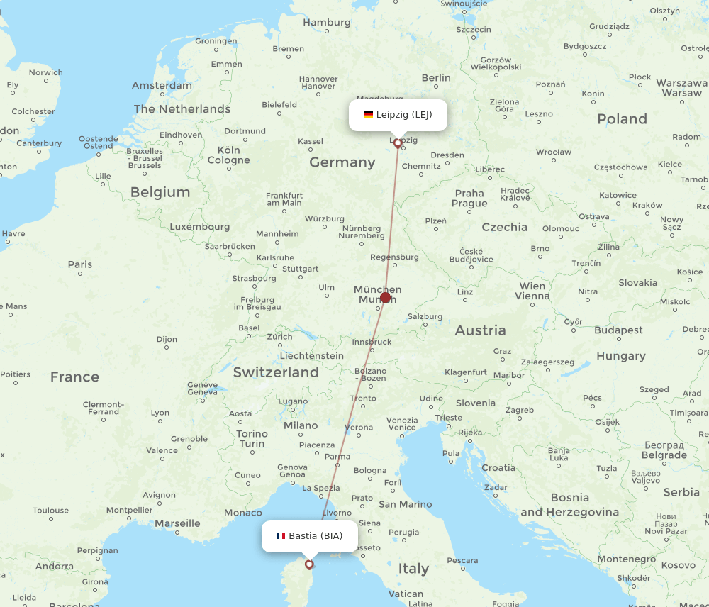 Leipzig/Halle - Bastia route map and flight paths