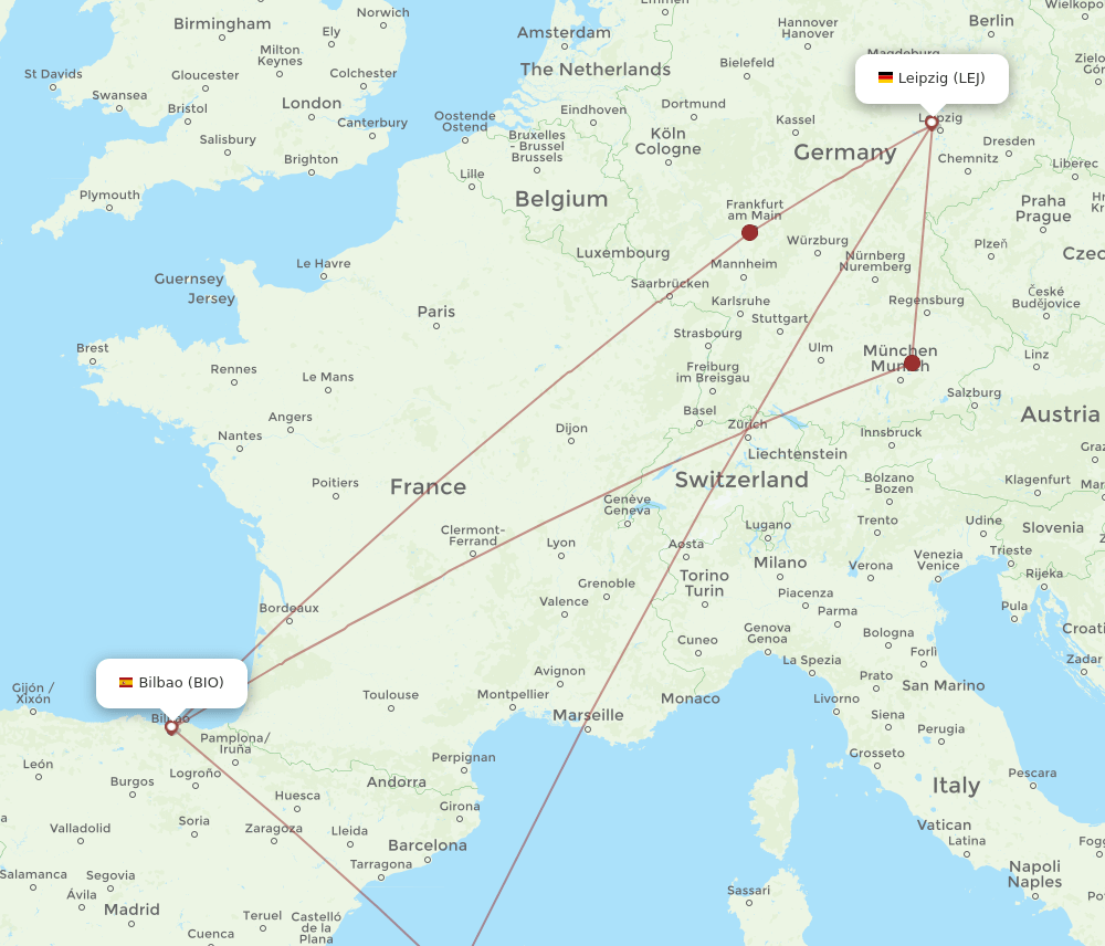 LEJ to BIO flights and routes map