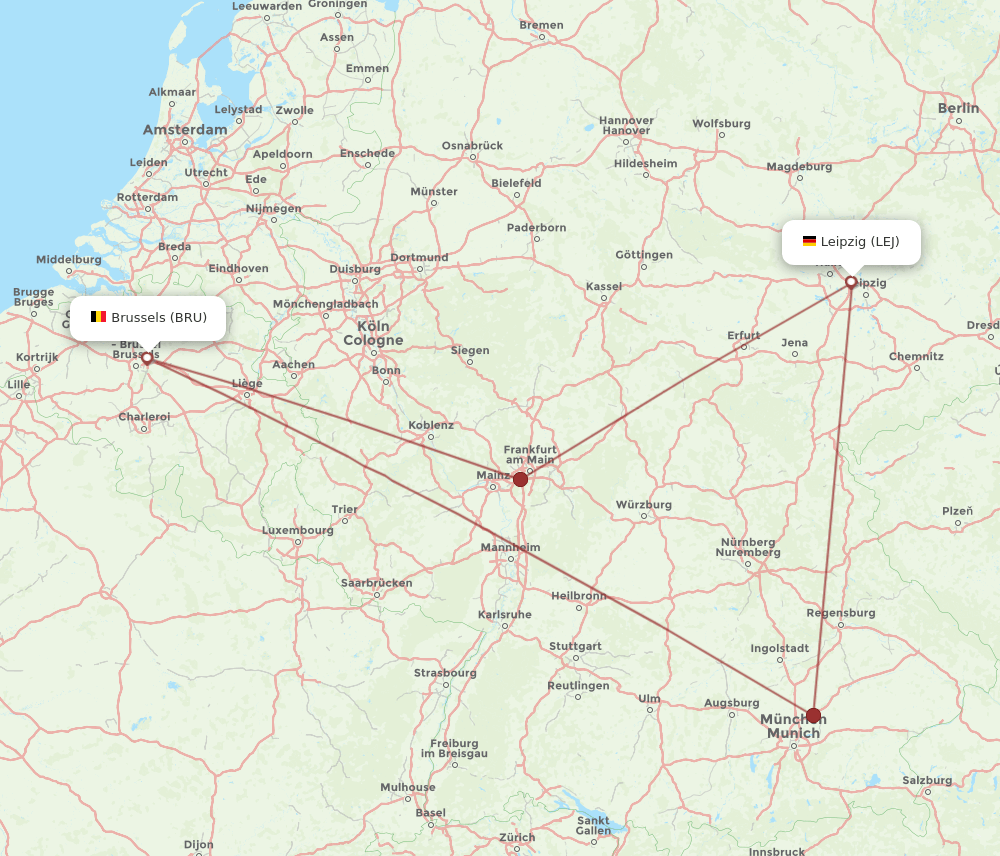 LEJ to BRU flights and routes map