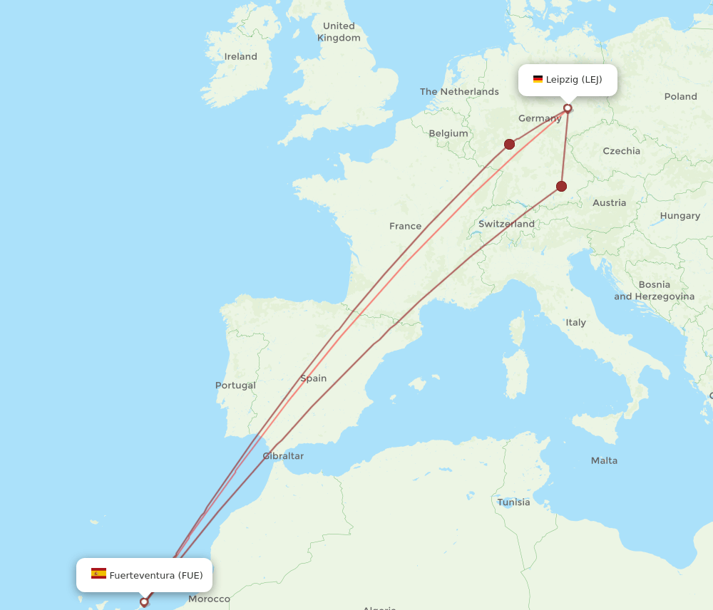 LEJ to FUE flights and routes map