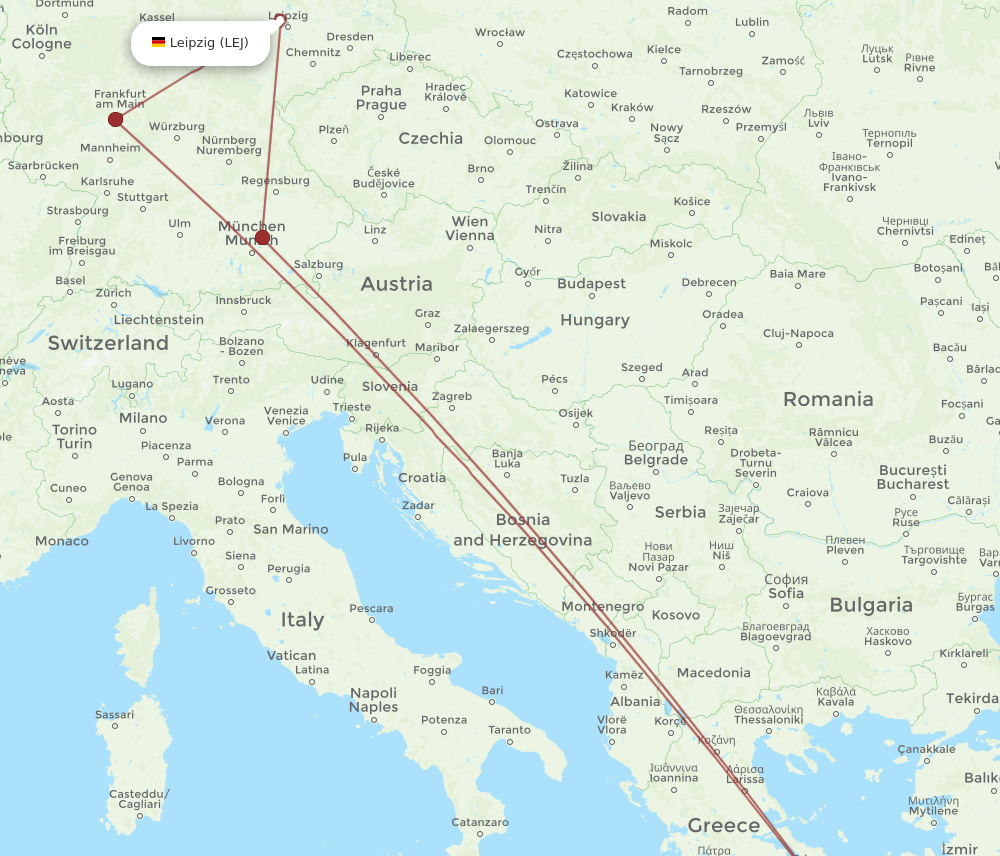 LEJ-JTR flight routes