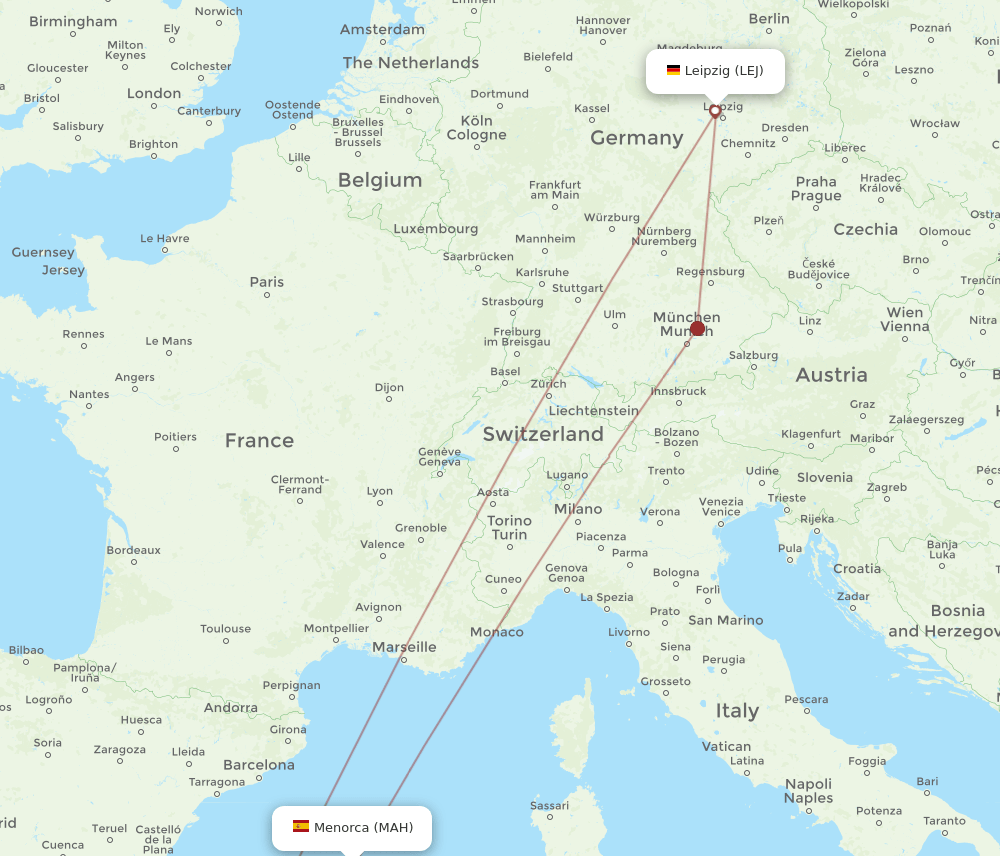LEJ-MAH flight routes