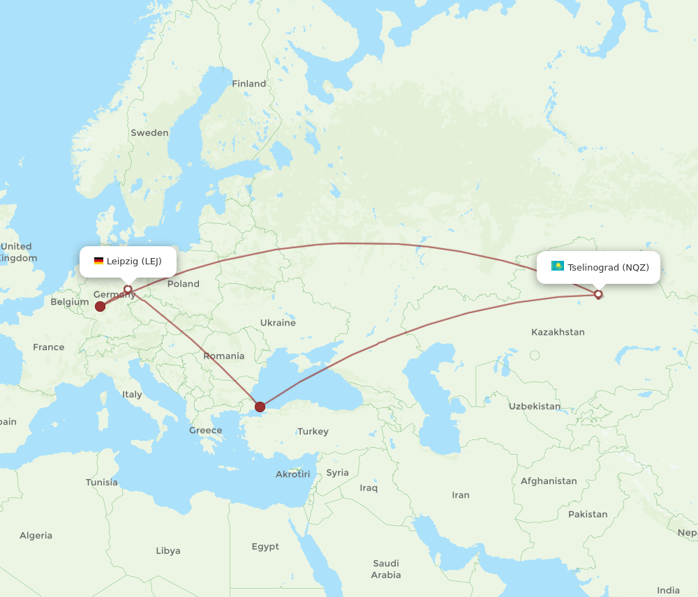 LEJ to NQZ flights and routes map