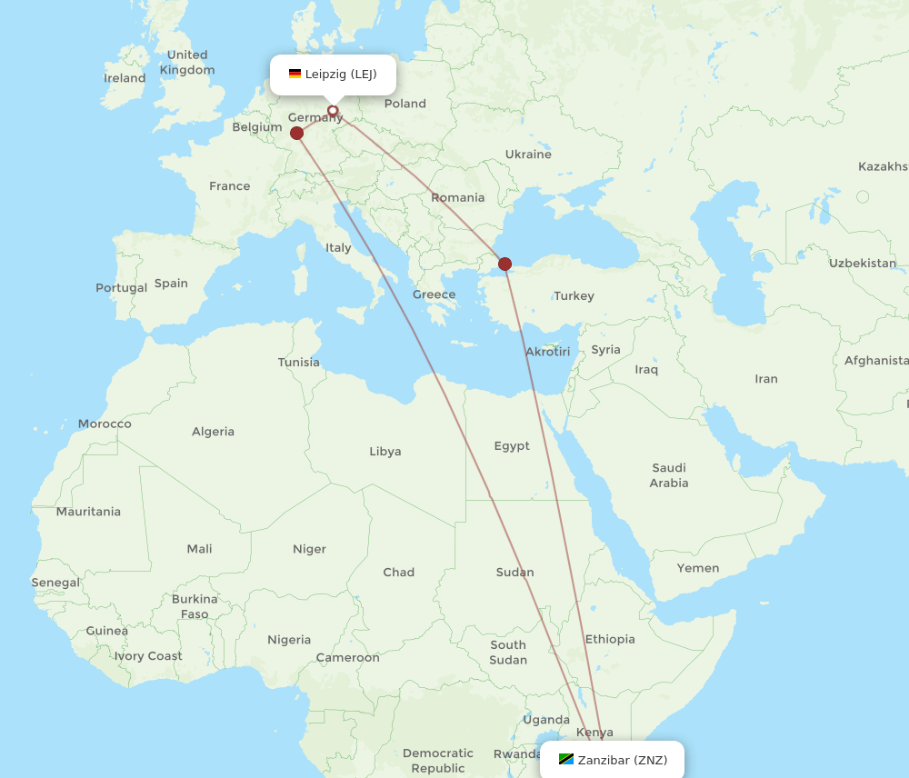 Zanzibar - Leipzig/Halle route map and flight paths