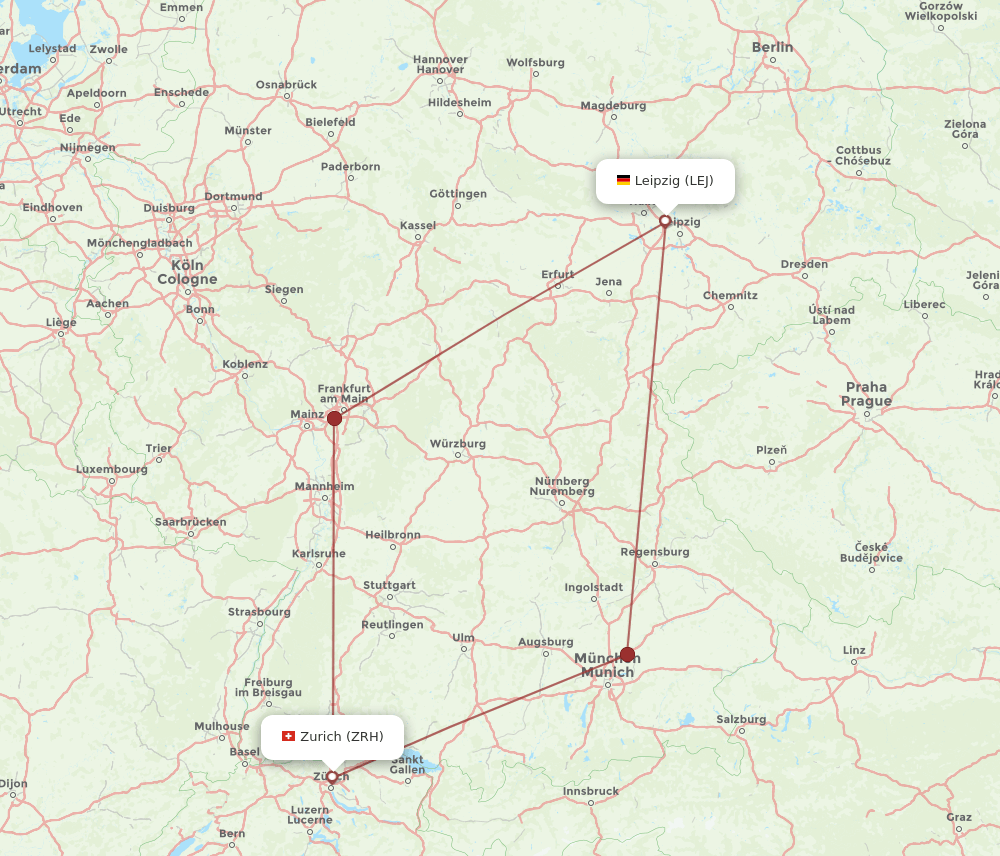 Zurich - Leipzig/Halle route map and flight paths